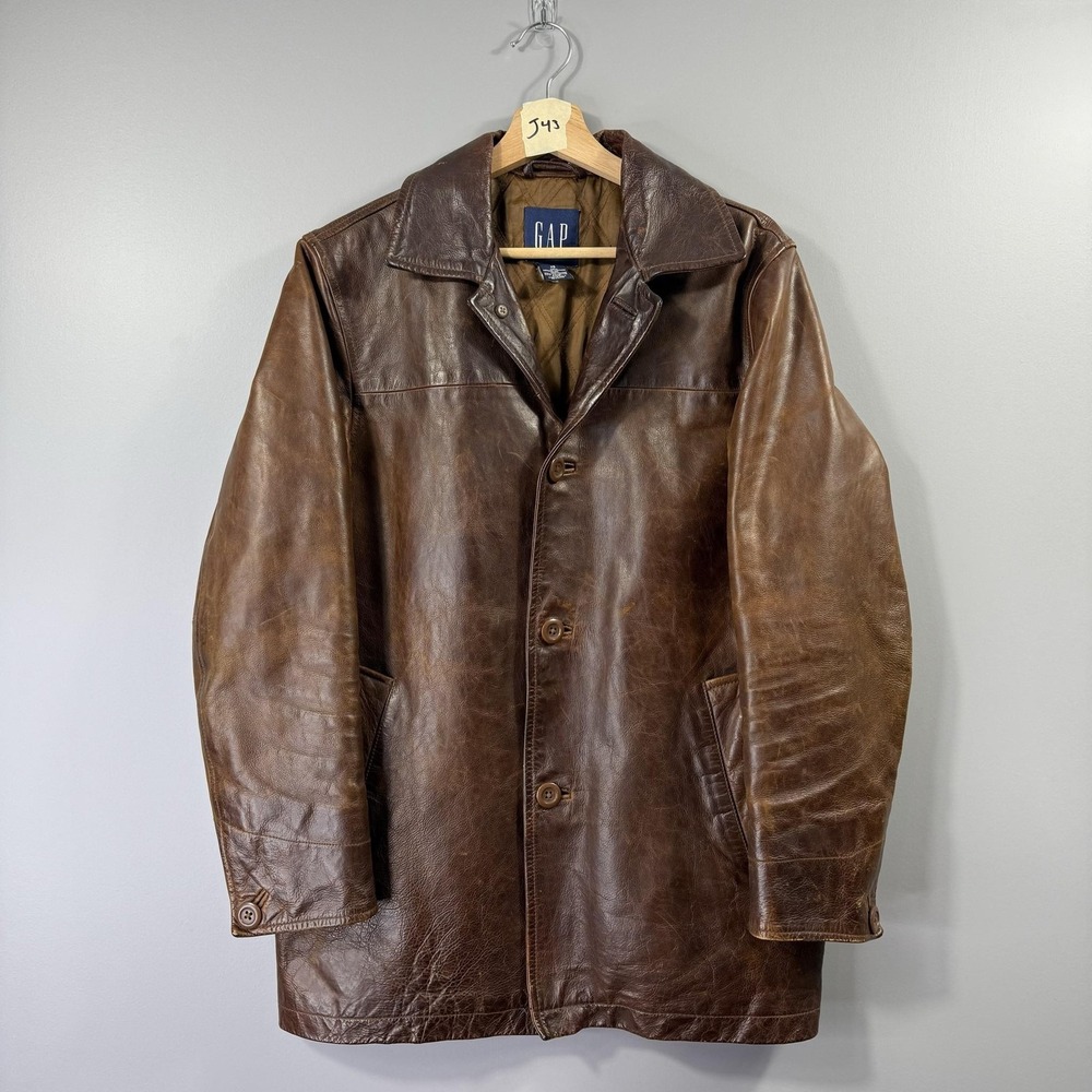 VTG Gap Leather Coat Mens XS Brown Button Front Quilted Lined Overcoat Winter